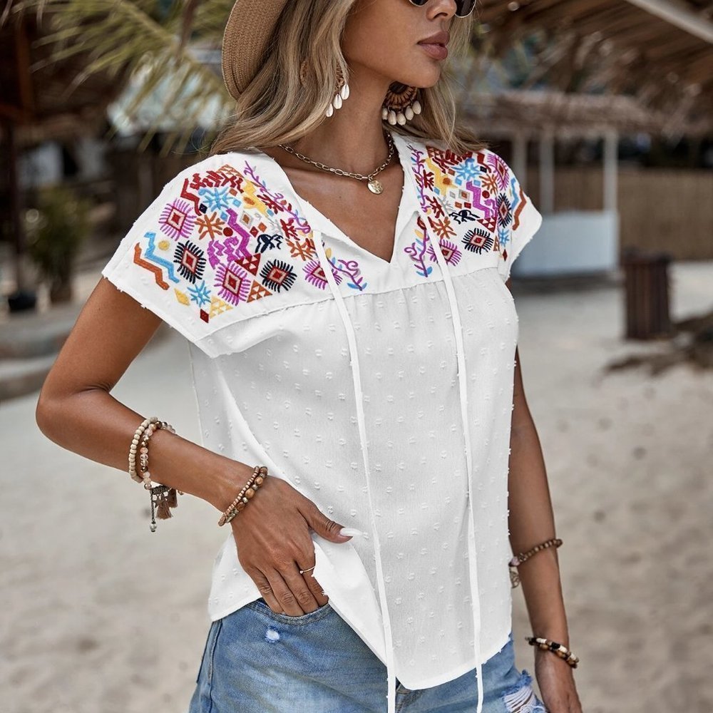 Boho Floral Embroidery Tie Neck Batwing Sleeve Blouse - Picture 3 of 5